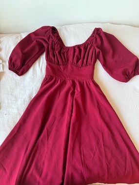 Vixen by Micheline Pitt Burgundy Puff-Sleeve A-Line Dress